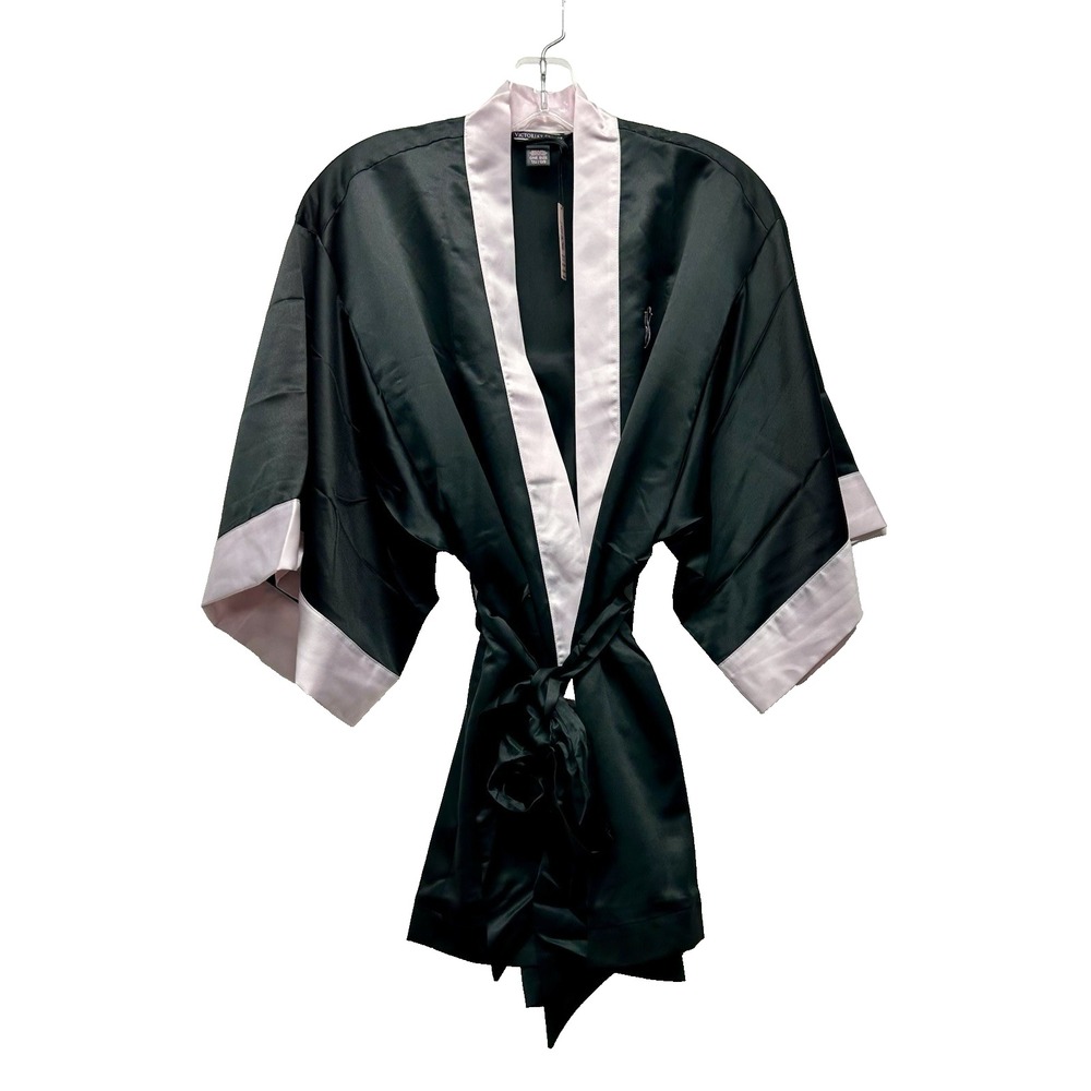 Victorias Secret Women's Short Robe One Size Black Silky Satiny Kimono Pockets